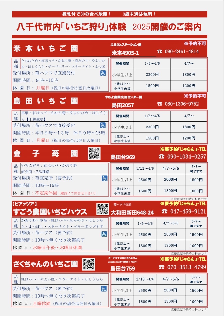 八千代市内「いちご狩り」体験2025